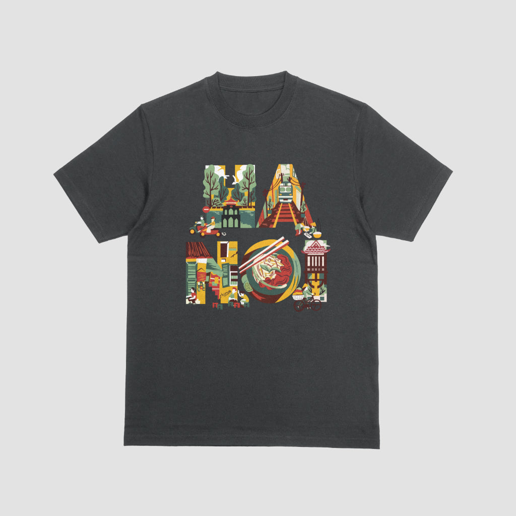 Unisex-tee Ha Noi ancient streets whisper stories, and modern lights paint the sky.