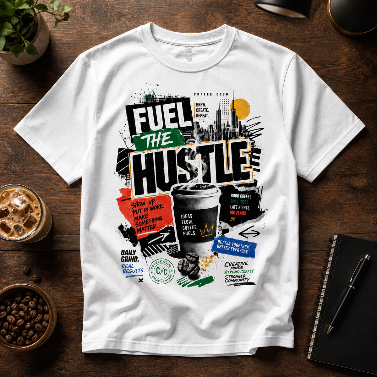 Fuel the Hustle Coffee halftone Graphic Tee – Motivational Streetwear Shirt