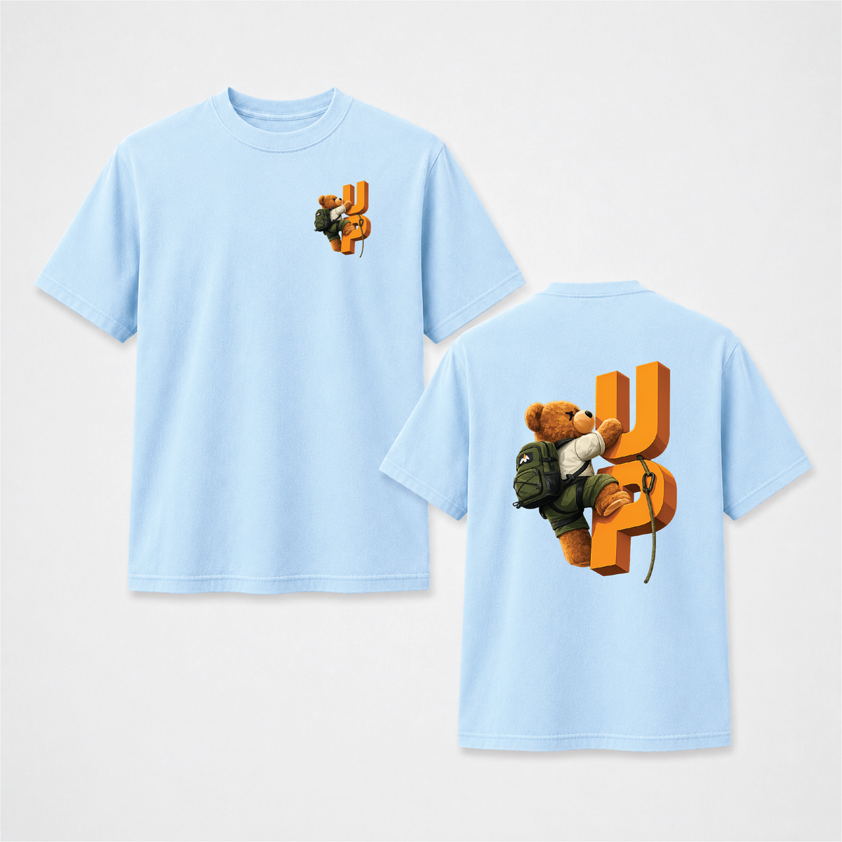 Climbing Teddy Bear “UP” Front & Back Graphic Tee