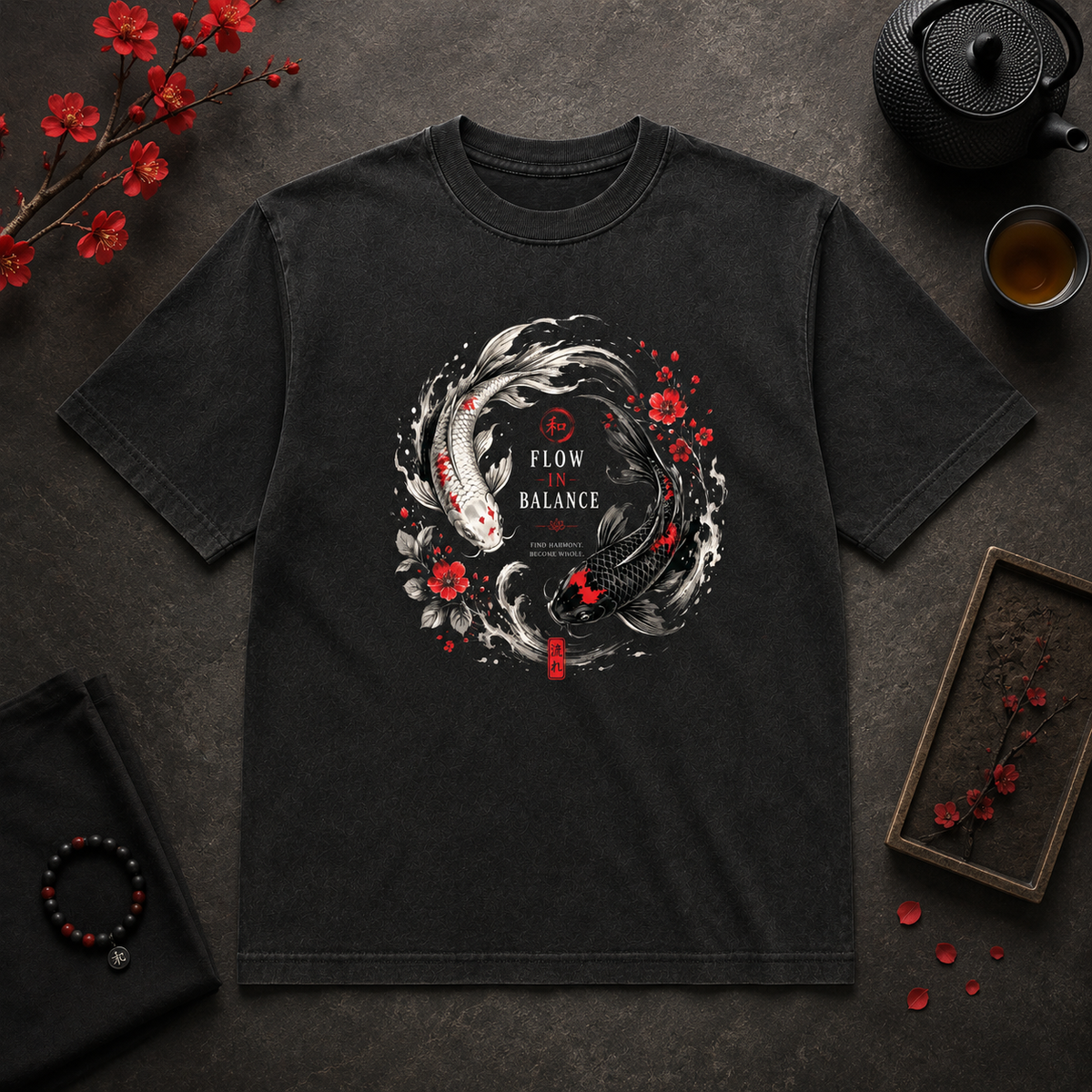 Flow in Balance Koi Fish Graphic Tee – Japanese Inspired Yin Yang Shirt