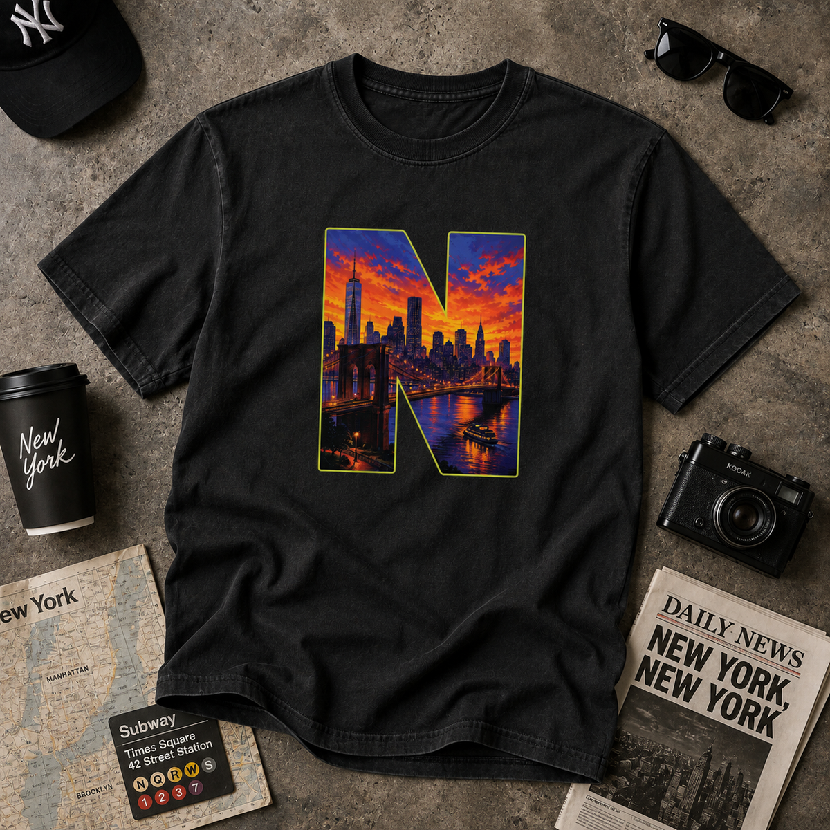 New York City Sunset Skyline Letter N Graphic Tee