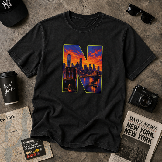 New York City Sunset Skyline Letter N Graphic Tee
