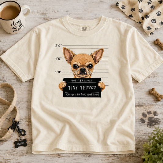 Tiny Terror Funny Chihuahua Mugshot Graphic Tee