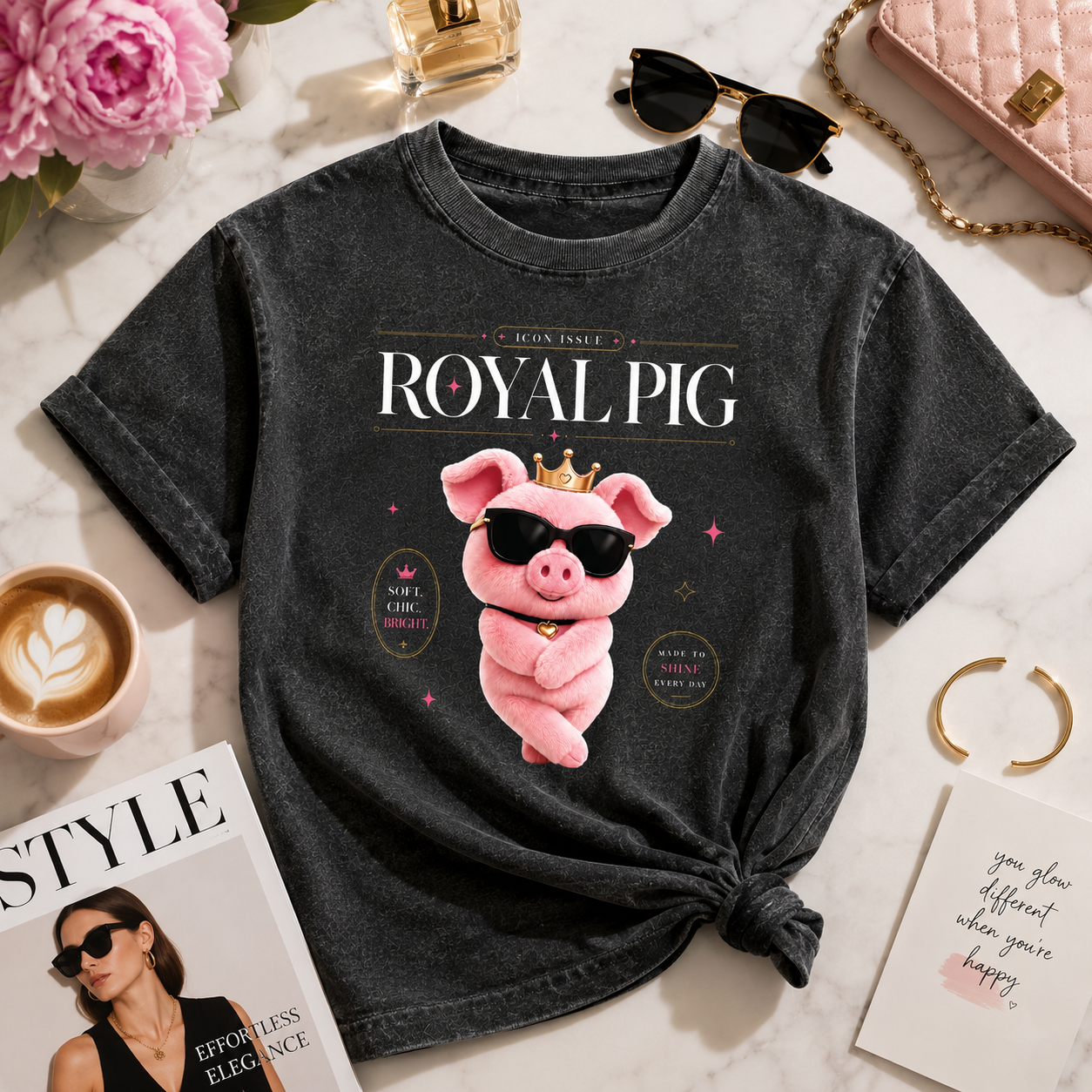 Pig Cute Graphic Tee – Pink Pig Crown & Sunglasses Shirt