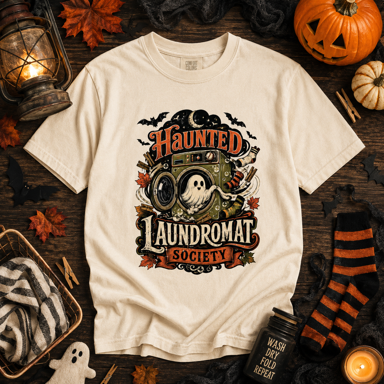 Haunted Laundromat Society Halloween T-Shirt – Retro Ghost Graphic Tee