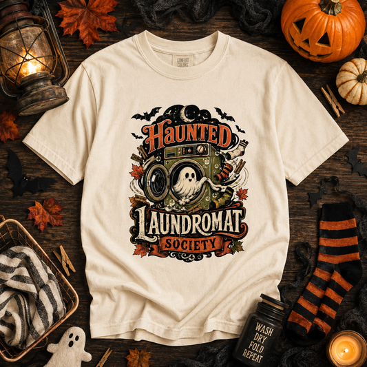 Haunted Laundromat Society Halloween T-Shirt – Retro Ghost Graphic Tee