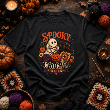 Spooky Crochet Club Halloween T-Shirt – Ghost, Black Cat & Pumpkin Graphic Tee