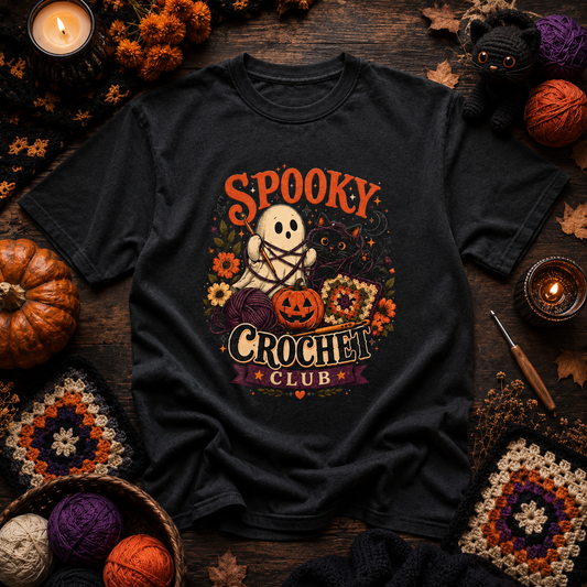 Spooky Crochet Club Halloween T-Shirt – Ghost, Black Cat & Pumpkin Graphic Tee