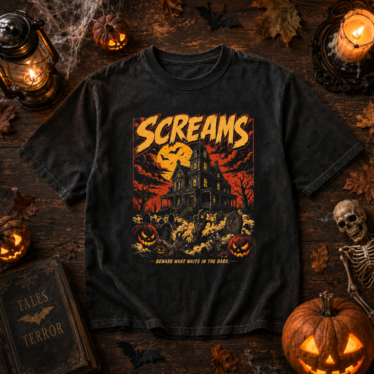 Screams Haunted House Halloween T-Shirt – Vintage Horror Graphic Tee