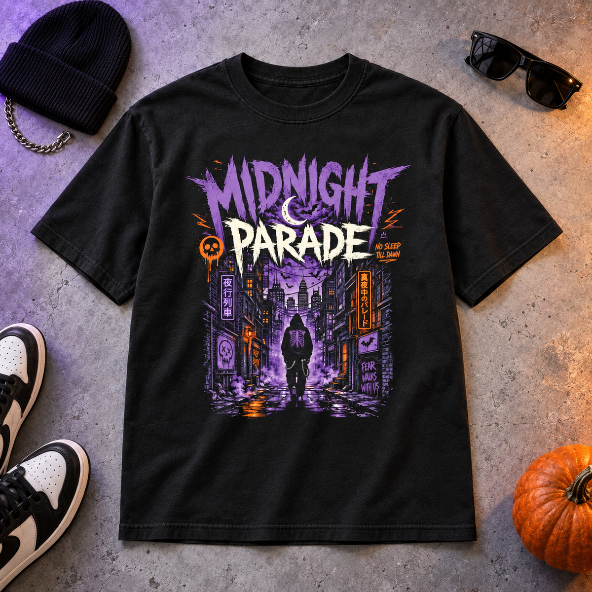 Midnight Parade Skeleton Neon City  "Halftone" Graphic Tee