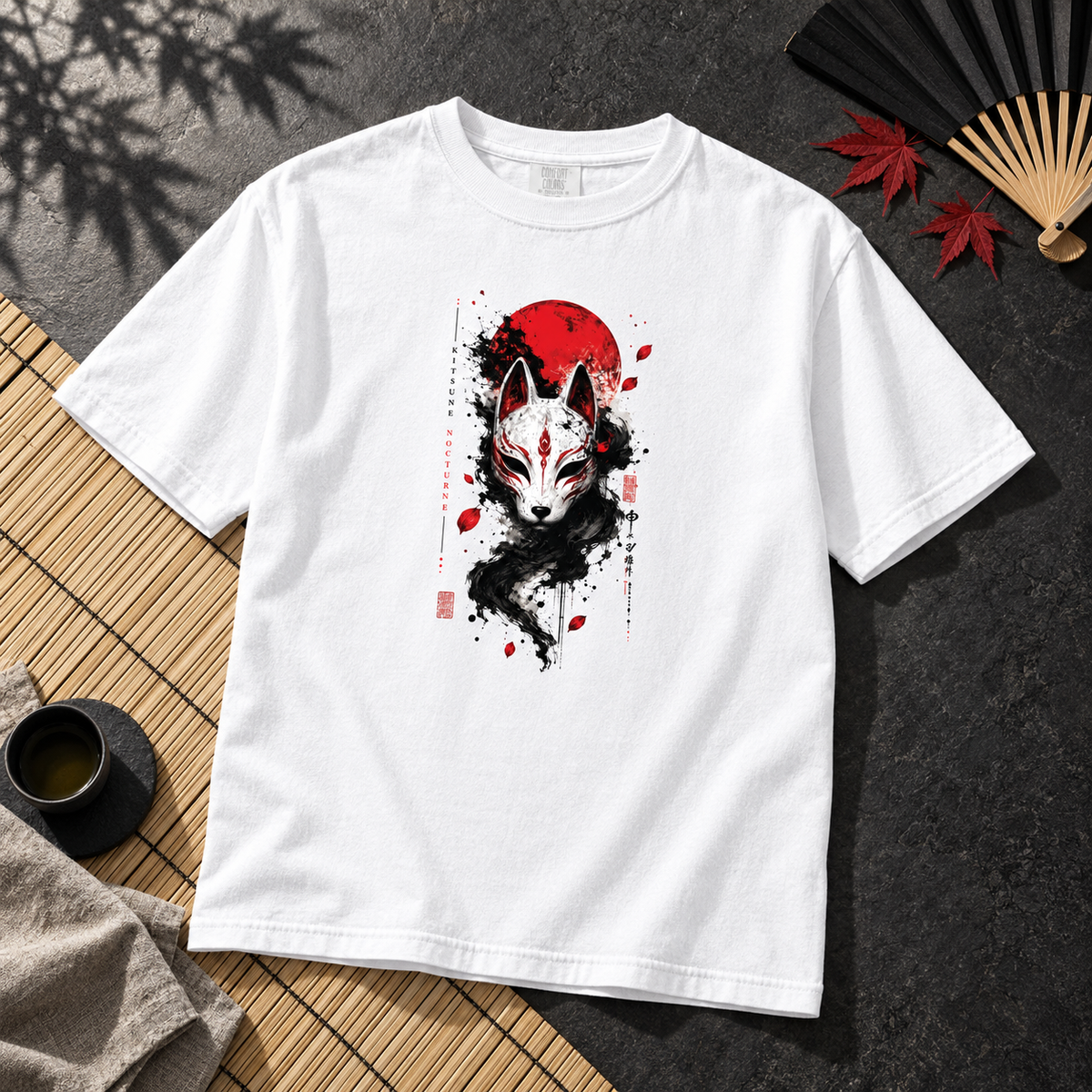 Kitsune Nocturne Red Moon Fox Mask Graphic Tee