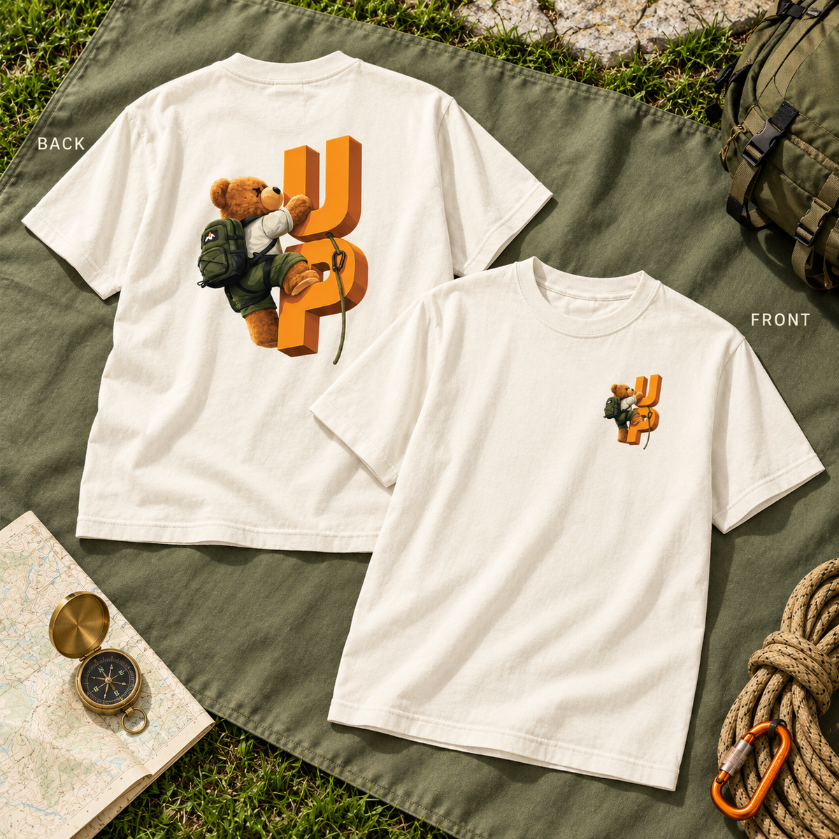 Climbing Teddy Bear “UP” Front & Back Graphic Tee