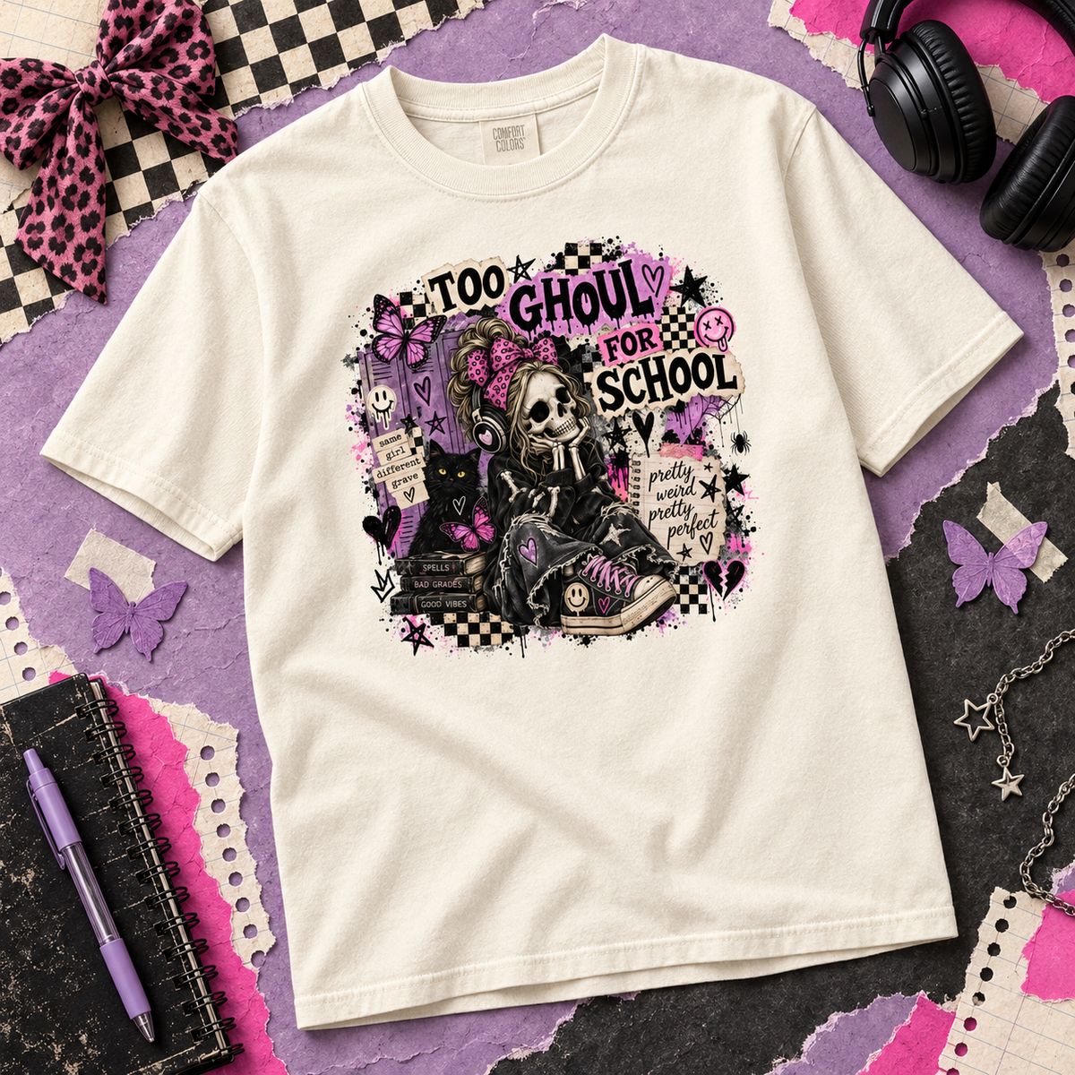 Too Ghouly for School Gothic Skeleton Girl Graphic Tee