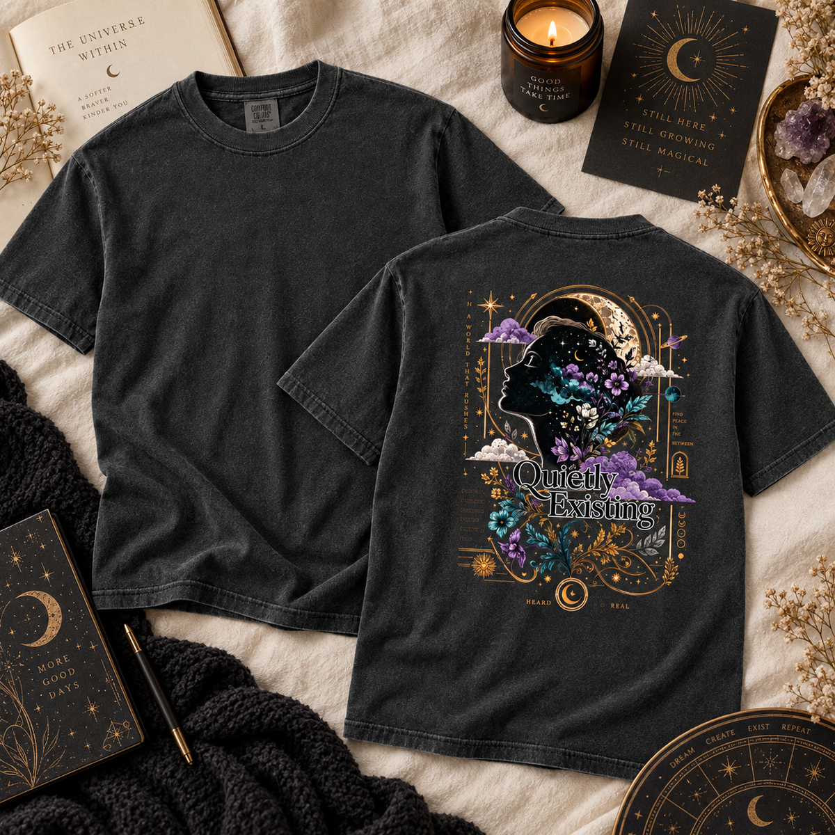 Quietly Existing Celestial Floral Back Print Graphic Tee