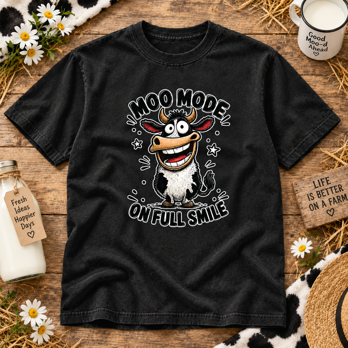 Moo Mode On Funny Smiling Cow Graphic Tee