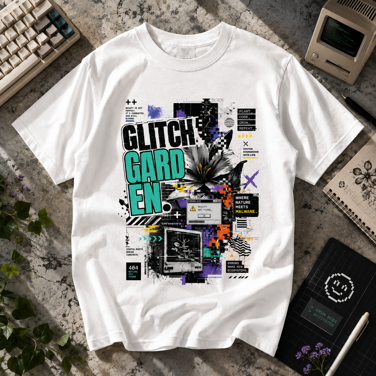 Glitch Garden halftone Graphic Tee – Cyber Floral Streetwear Shirt