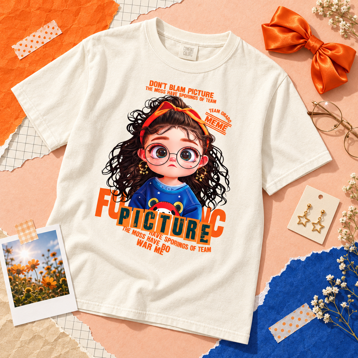 Orange Curly Girl Cute Graphic Tee