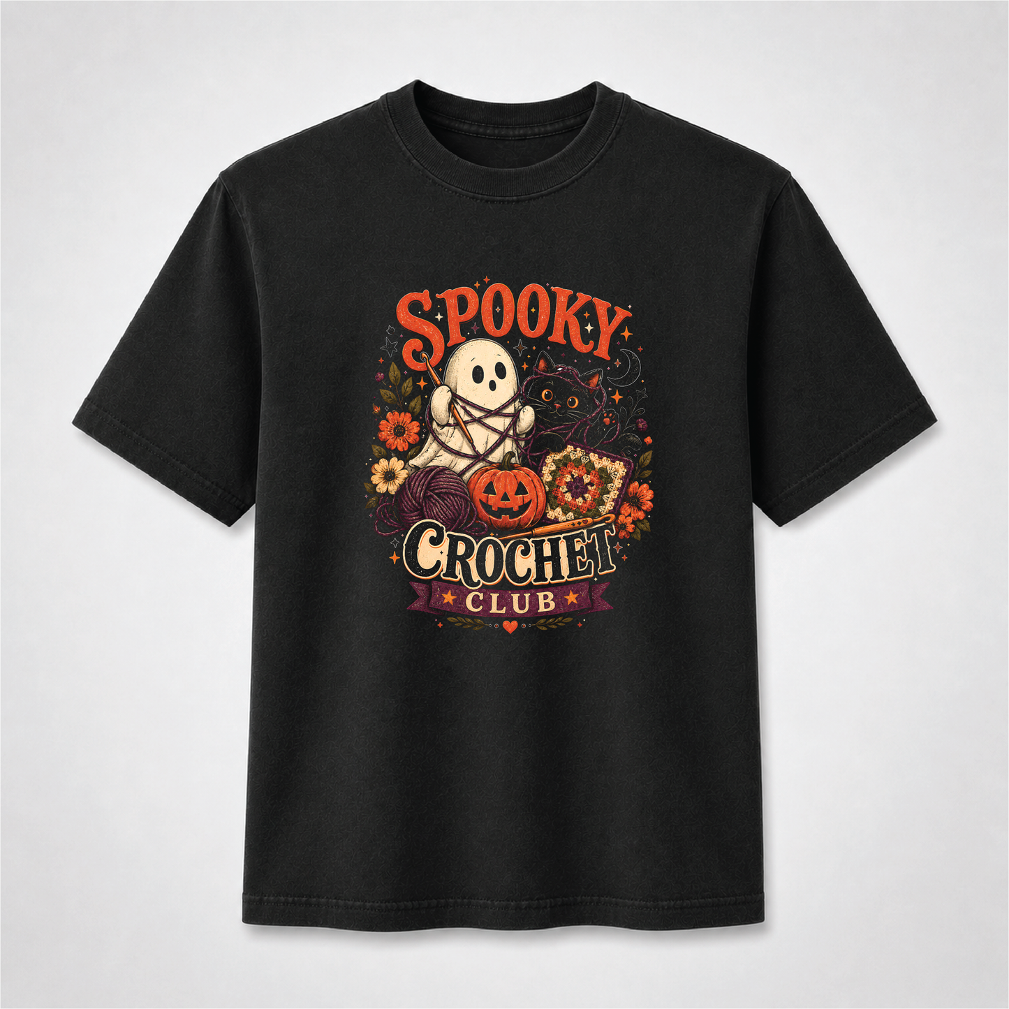 Spooky Crochet Club Halloween T-Shirt – Ghost, Black Cat & Pumpkin Graphic Tee