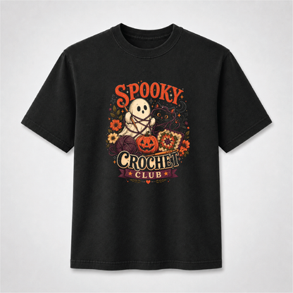 Spooky Crochet Club Halloween T-Shirt – Ghost, Black Cat & Pumpkin Graphic Tee
