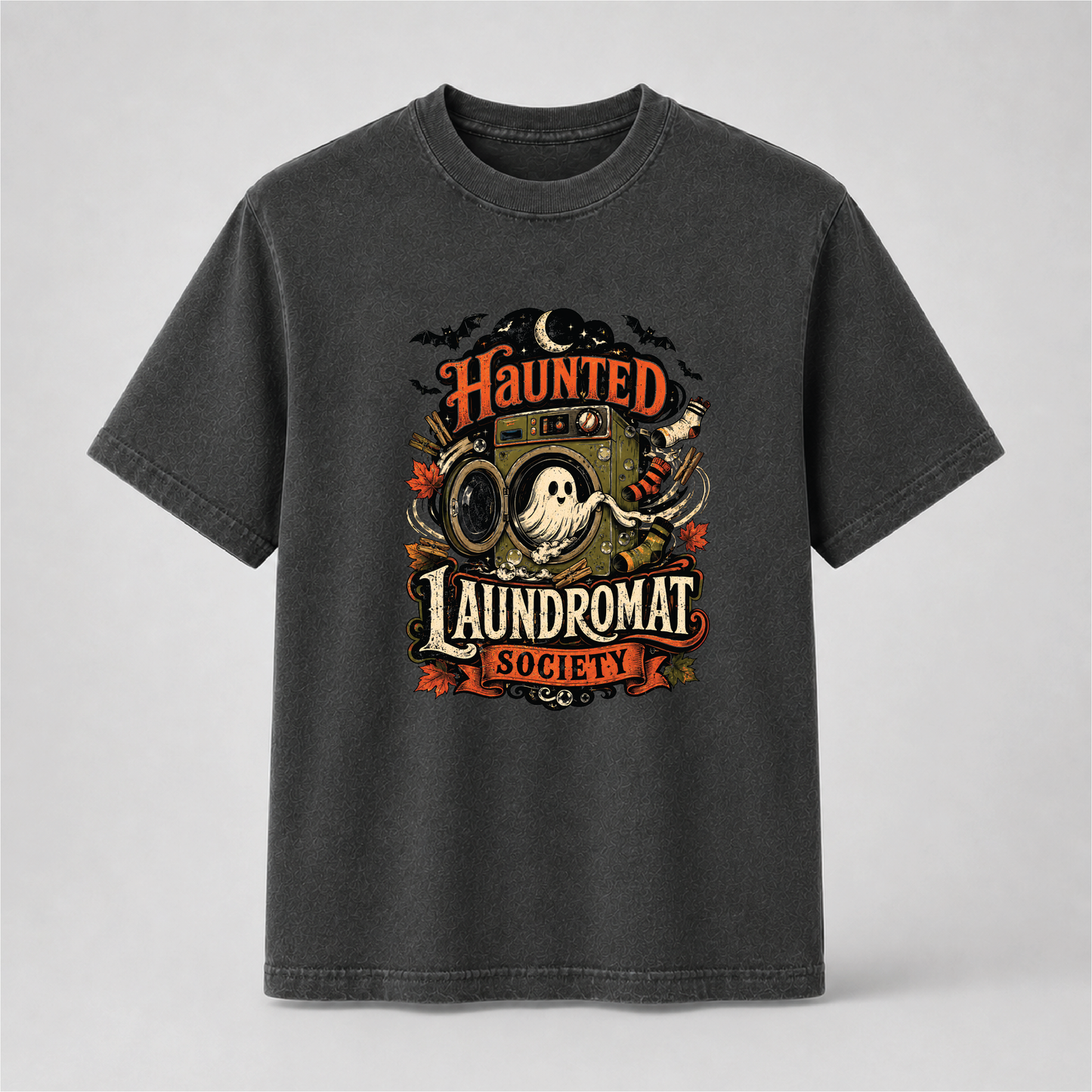 Haunted Laundromat Society Halloween T-Shirt – Retro Ghost Graphic Tee
