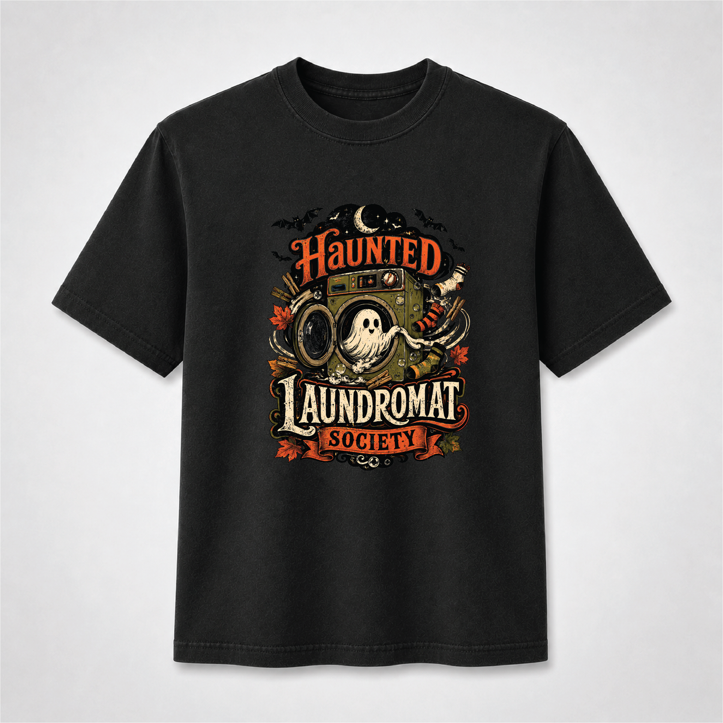 Haunted Laundromat Society Halloween T-Shirt – Retro Ghost Graphic Tee