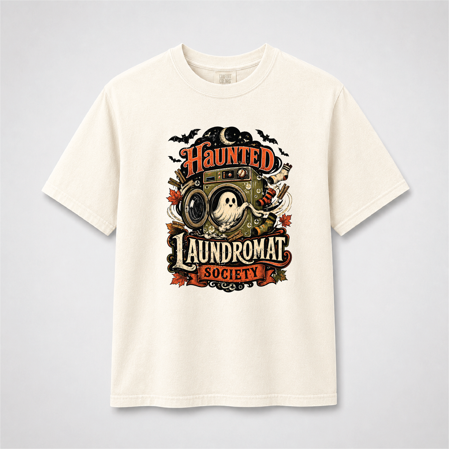 Haunted Laundromat Society Halloween T-Shirt – Retro Ghost Graphic Tee