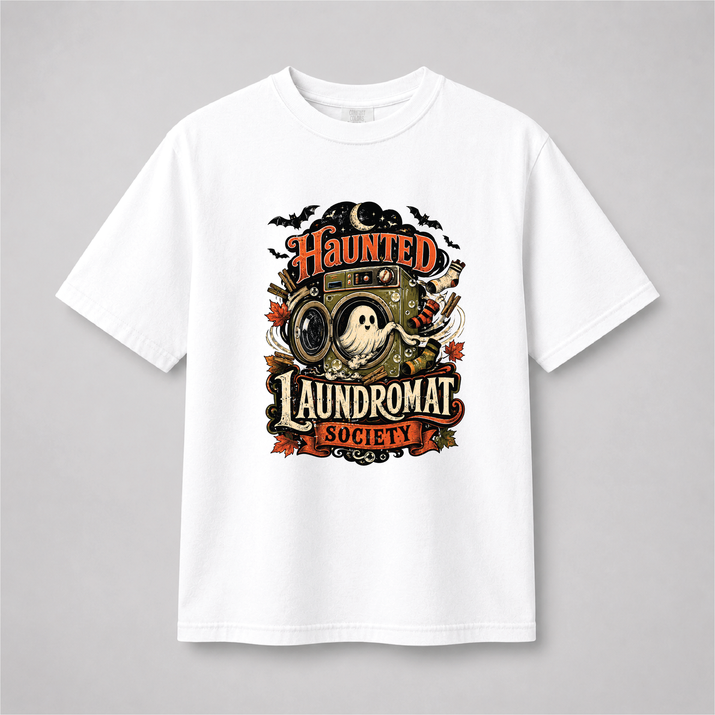 Haunted Laundromat Society Halloween T-Shirt – Retro Ghost Graphic Tee