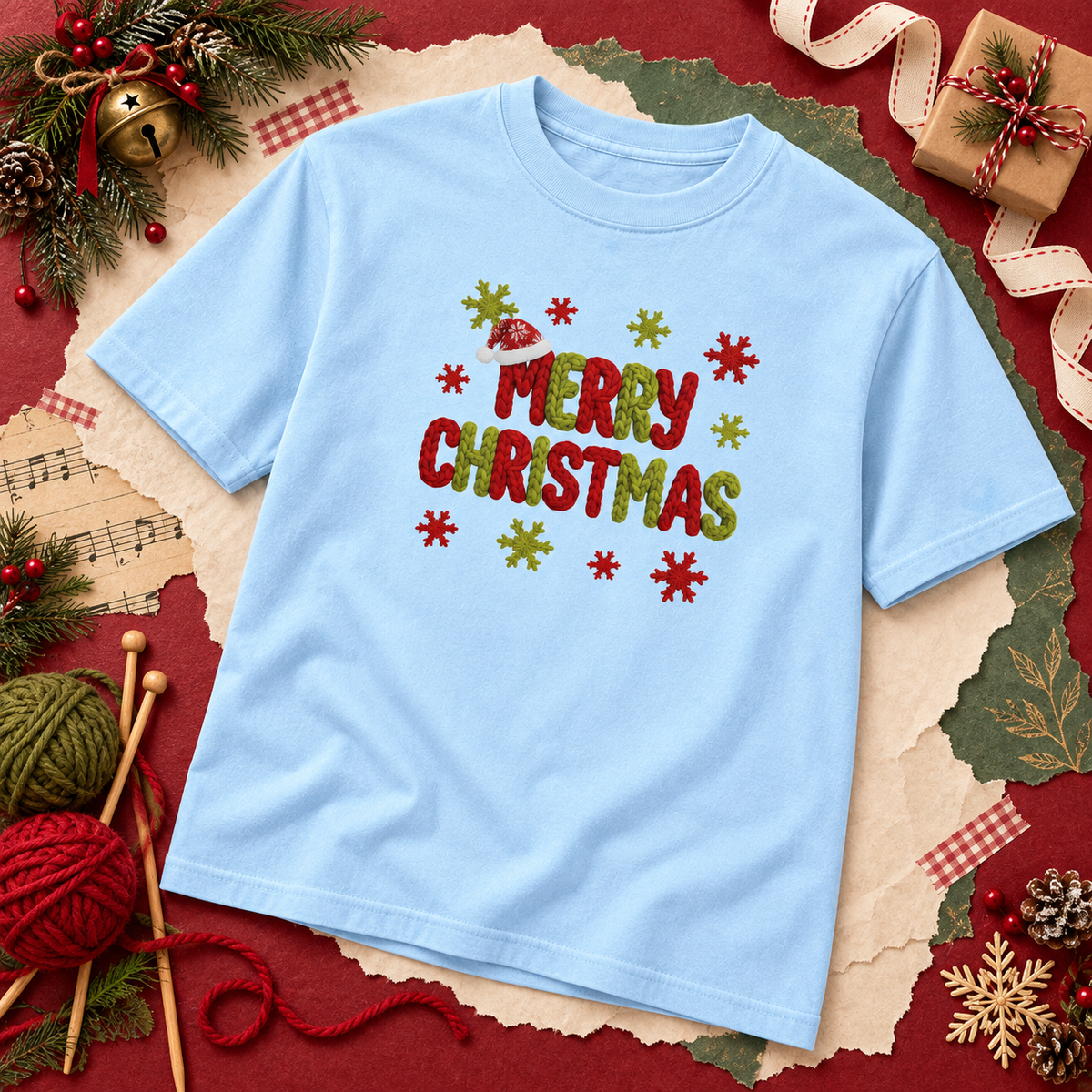 Merry Christmas Knitted Lettering Holiday Graphic Tee