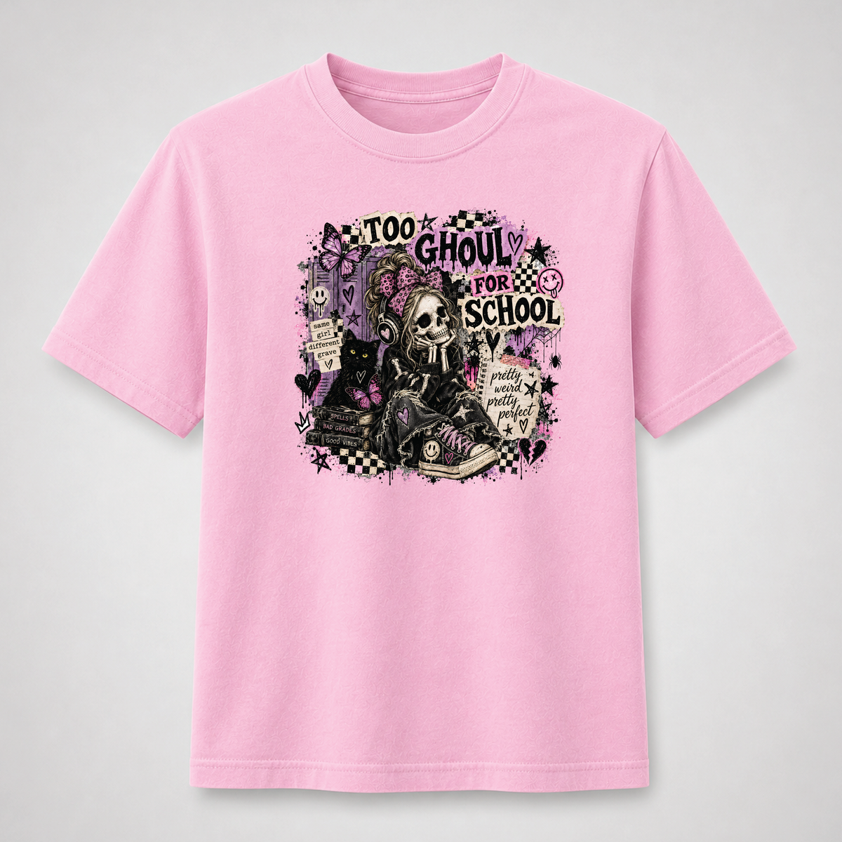 Too Ghouly for School Gothic Skeleton Girl Graphic Tee