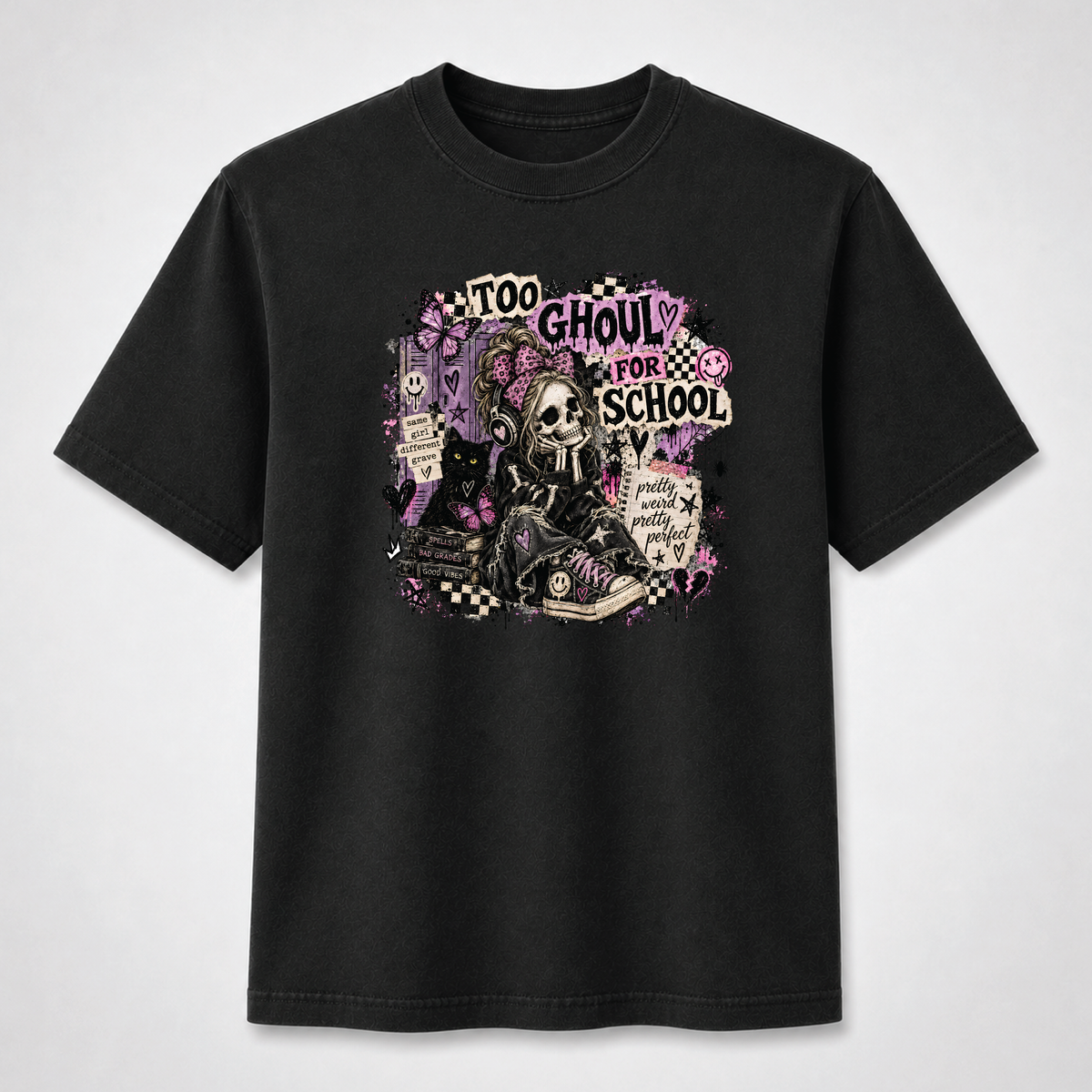 Too Ghouly for School Gothic Skeleton Girl Graphic Tee