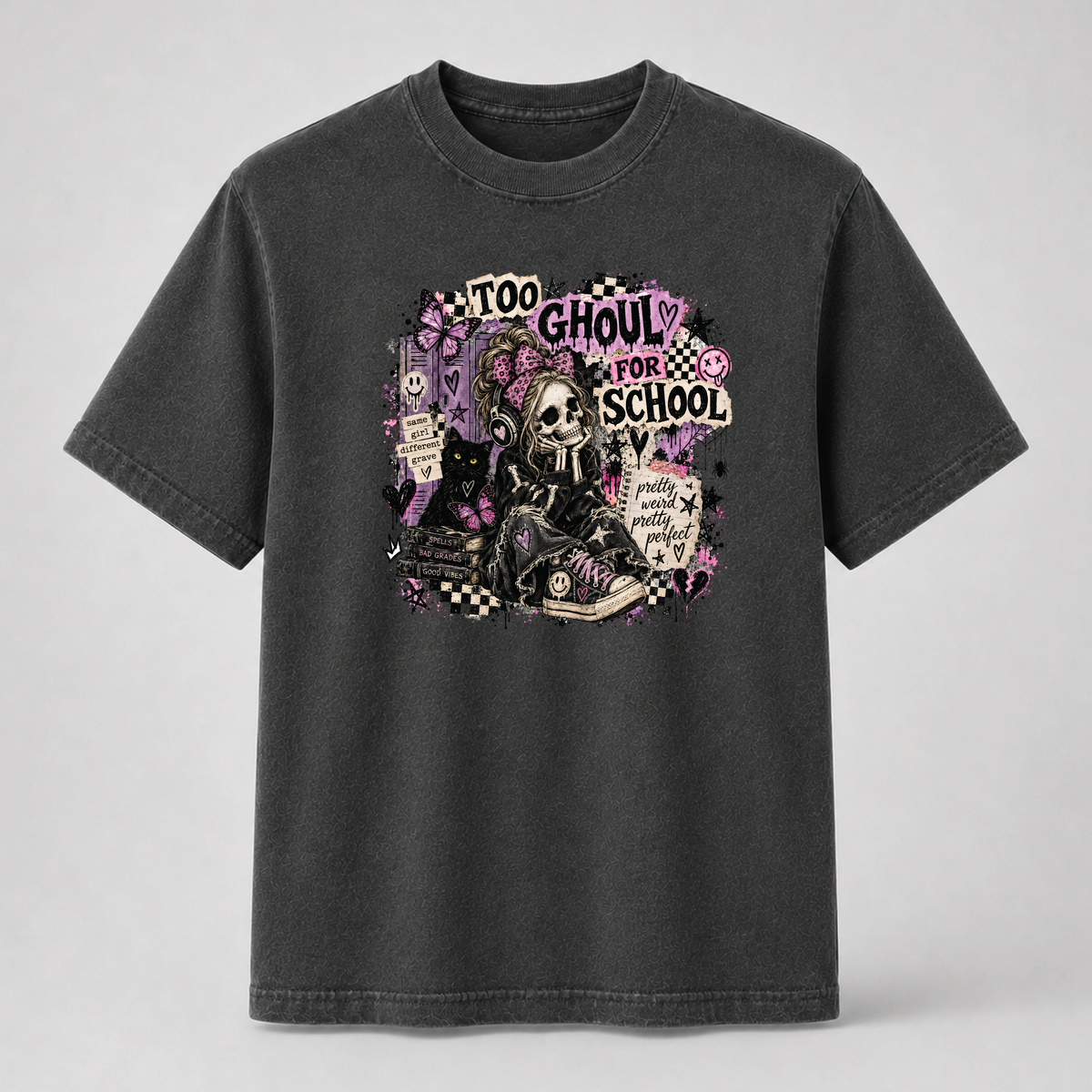 Too Ghouly for School Gothic Skeleton Girl Graphic Tee