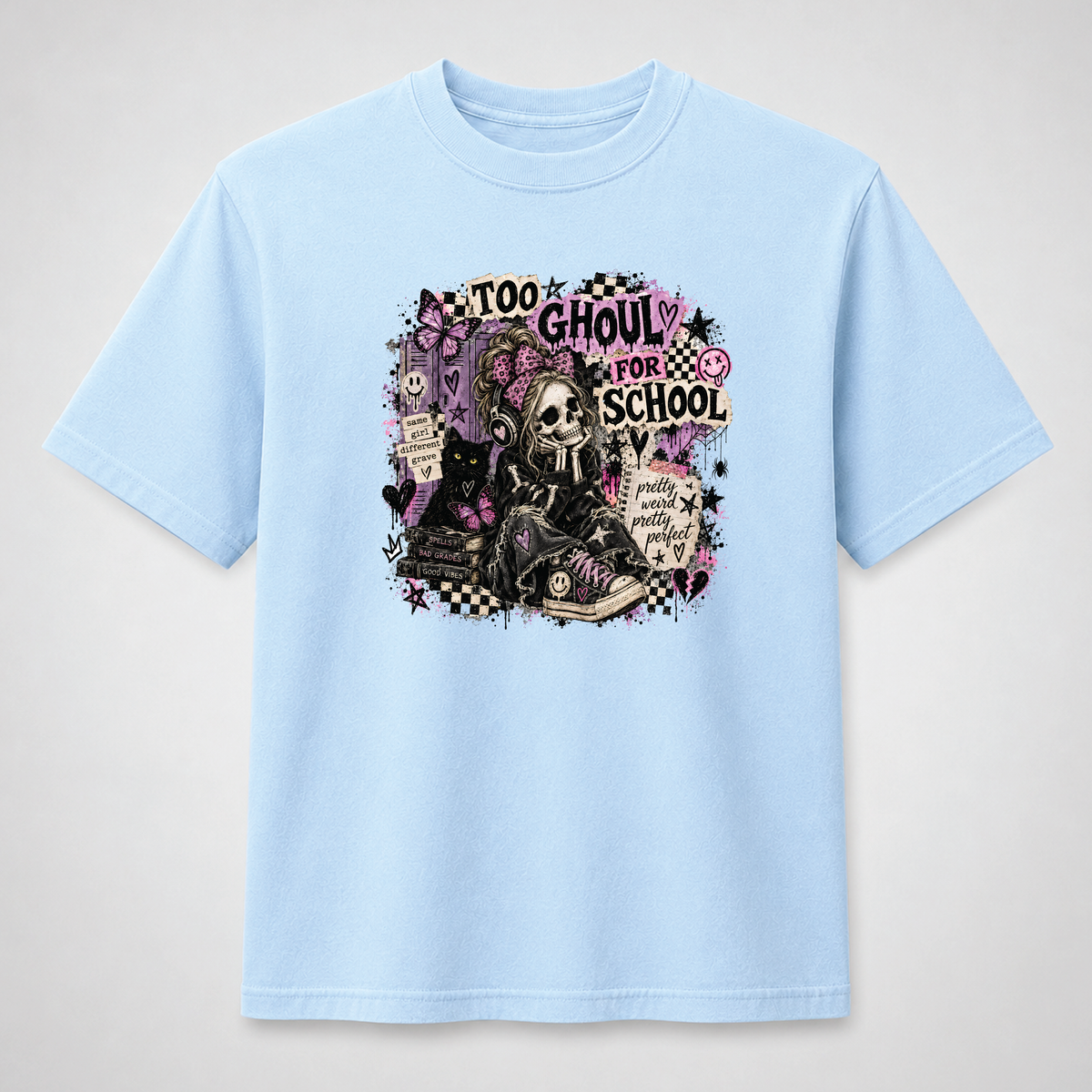 Too Ghouly for School Gothic Skeleton Girl Graphic Tee