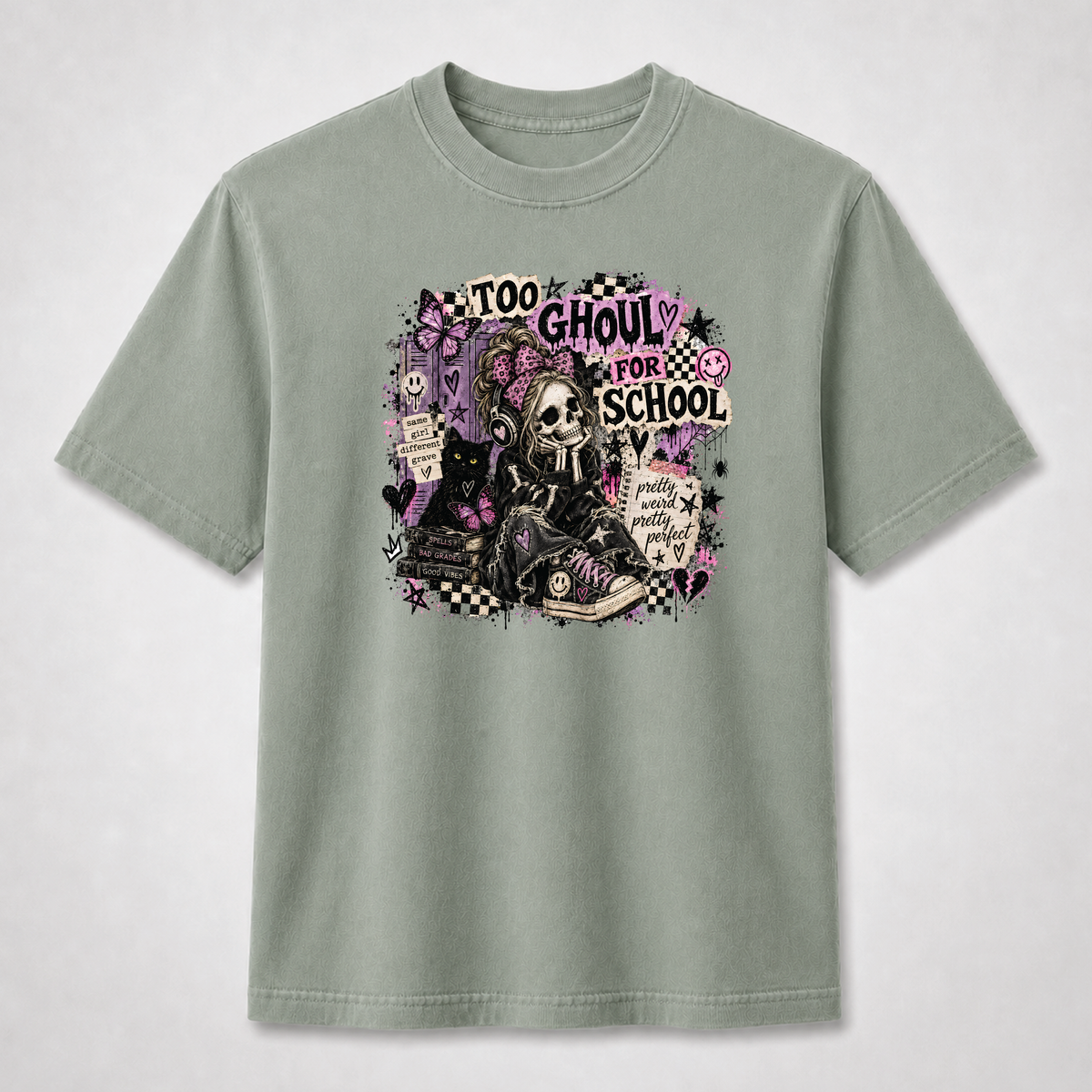 Too Ghouly for School Gothic Skeleton Girl Graphic Tee