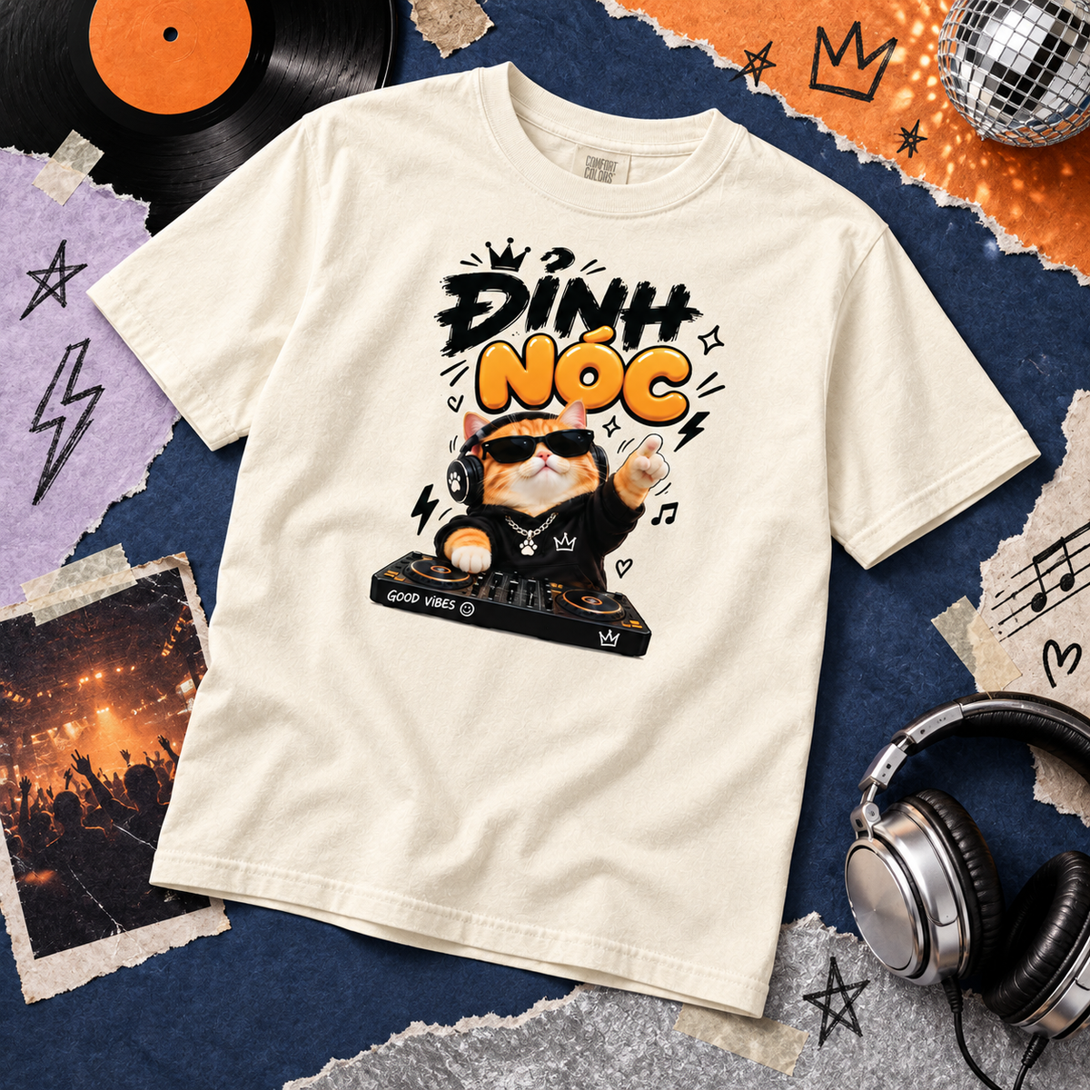 Đỉnh Nóc Retro DJ Cat Vietnamese Graphic Tee