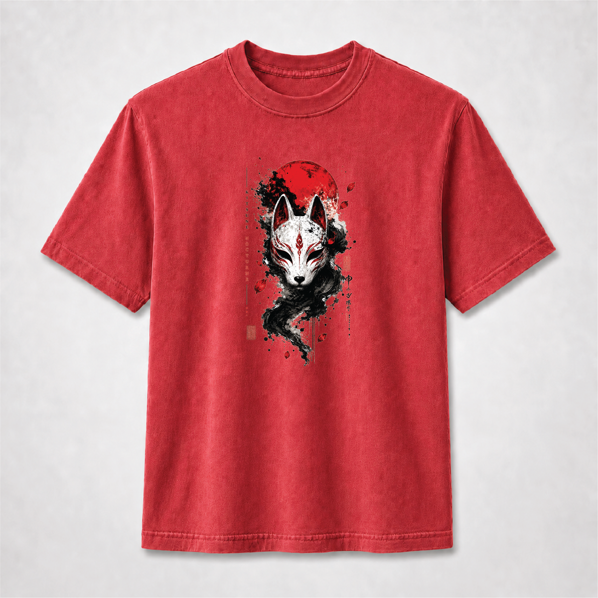 Kitsune Nocturne Red Moon Fox Mask Graphic Tee
