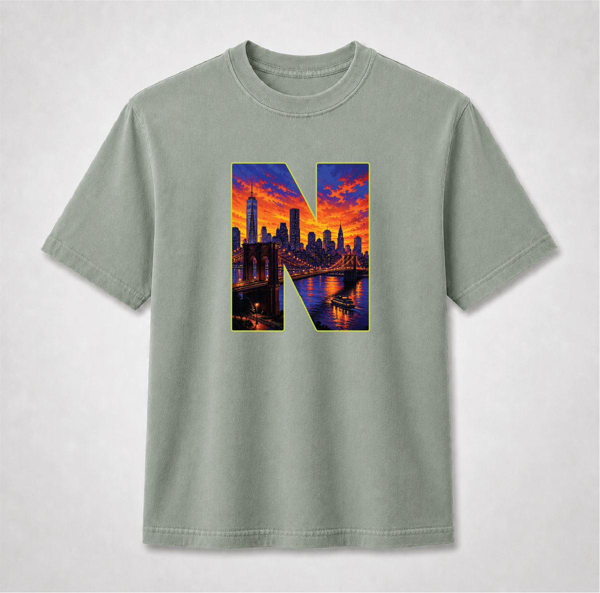 New York City Sunset Skyline Letter N Graphic Tee