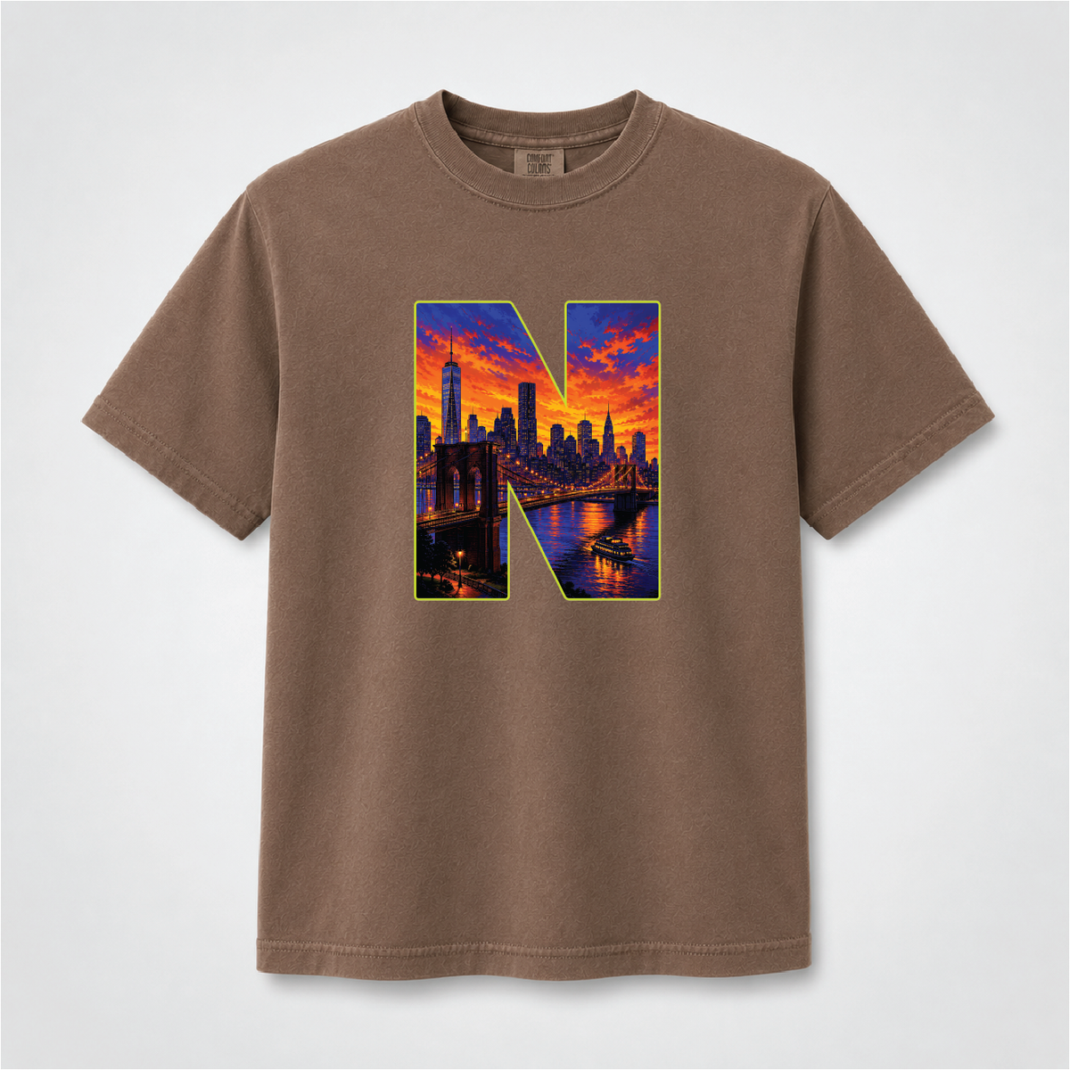 New York City Sunset Skyline Letter N Graphic Tee