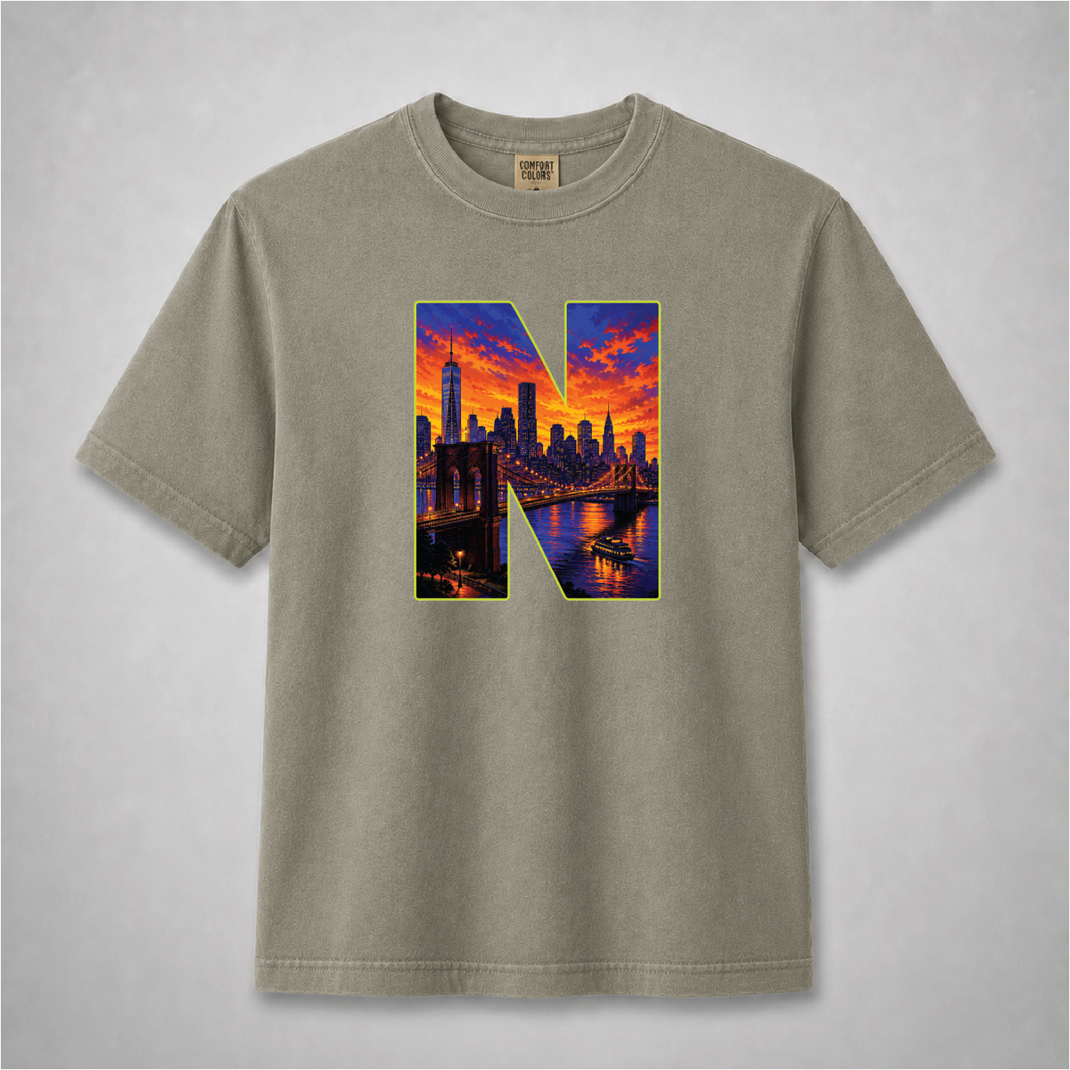 New York City Sunset Skyline Letter N Graphic Tee