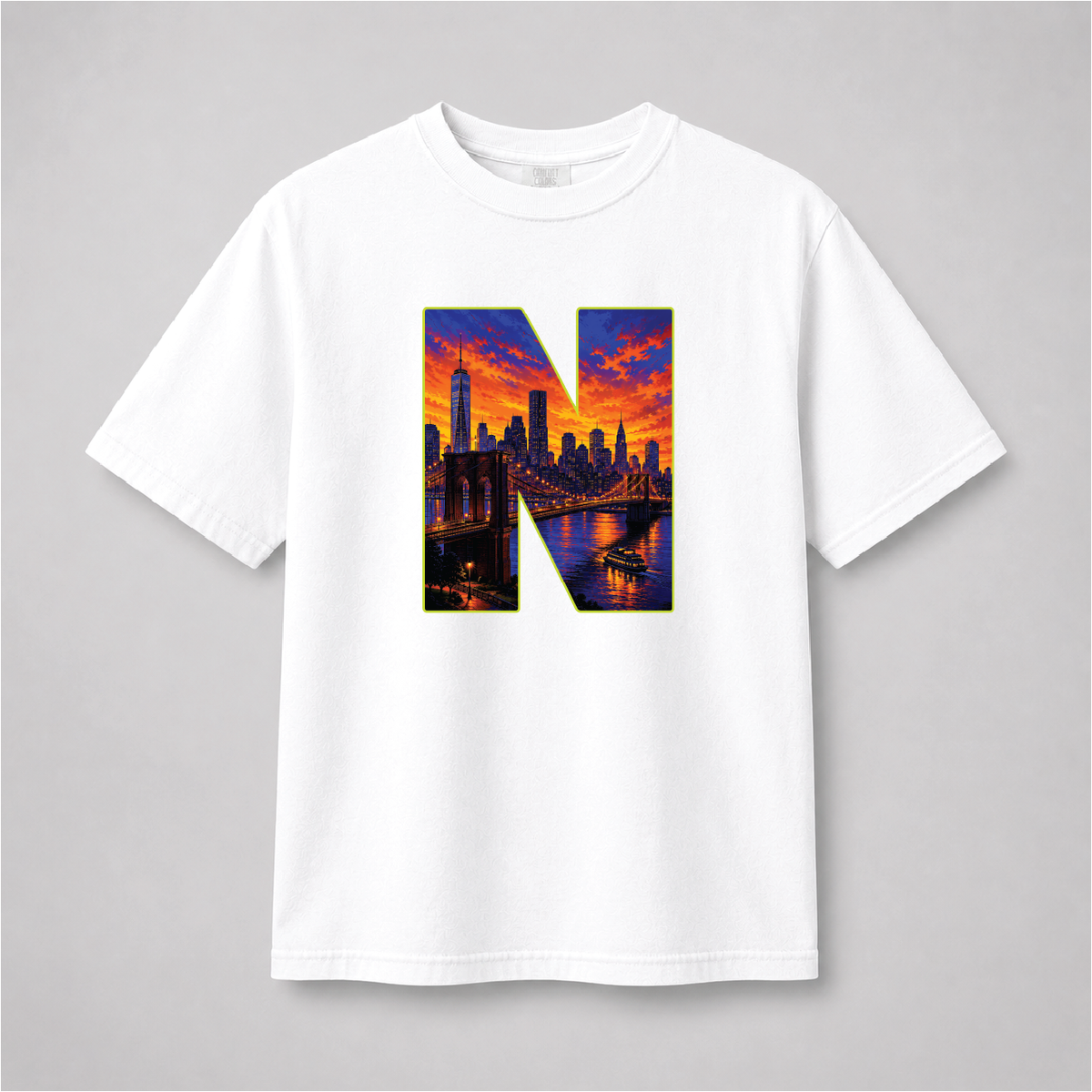 New York City Sunset Skyline Letter N Graphic Tee