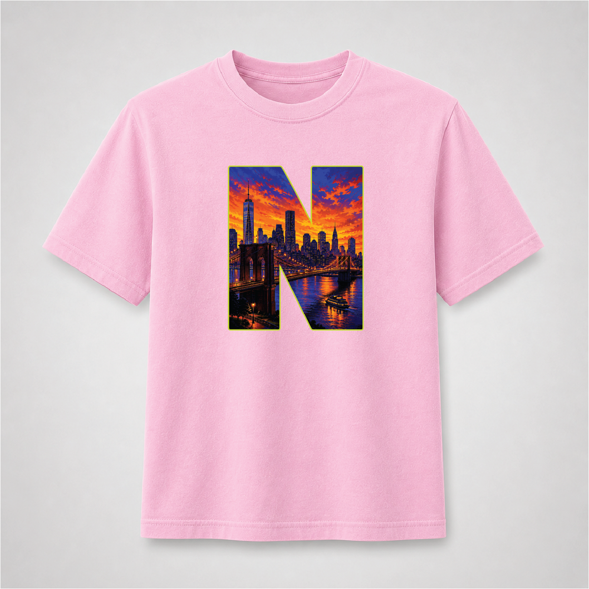 New York City Sunset Skyline Letter N Graphic Tee