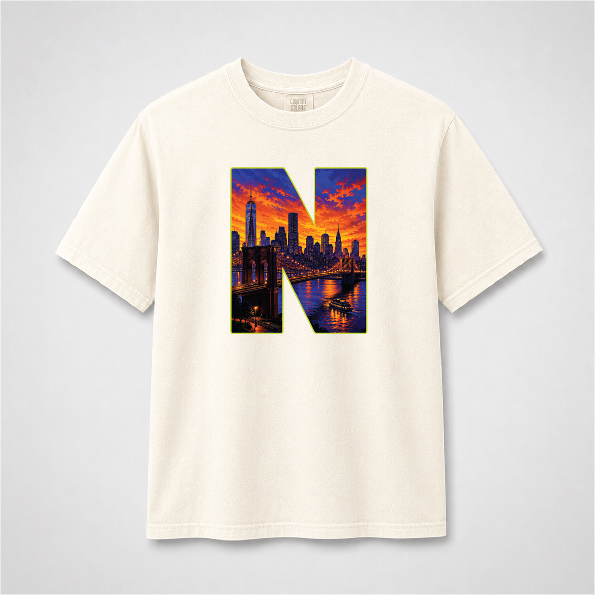 New York City Sunset Skyline Letter N Graphic Tee