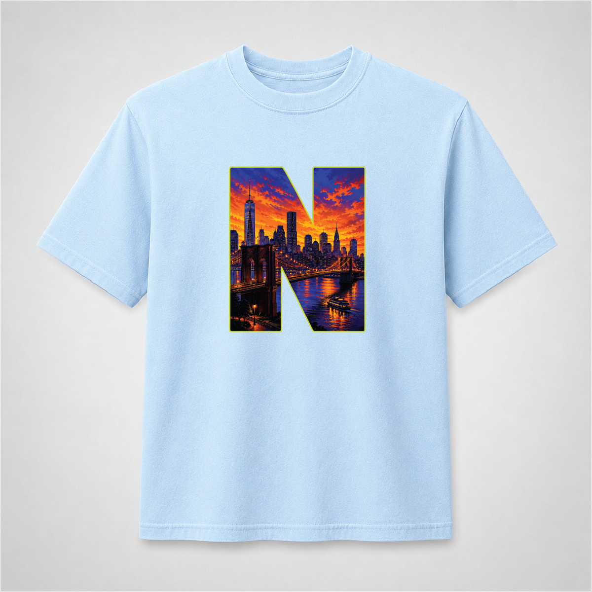 New York City Sunset Skyline Letter N Graphic Tee