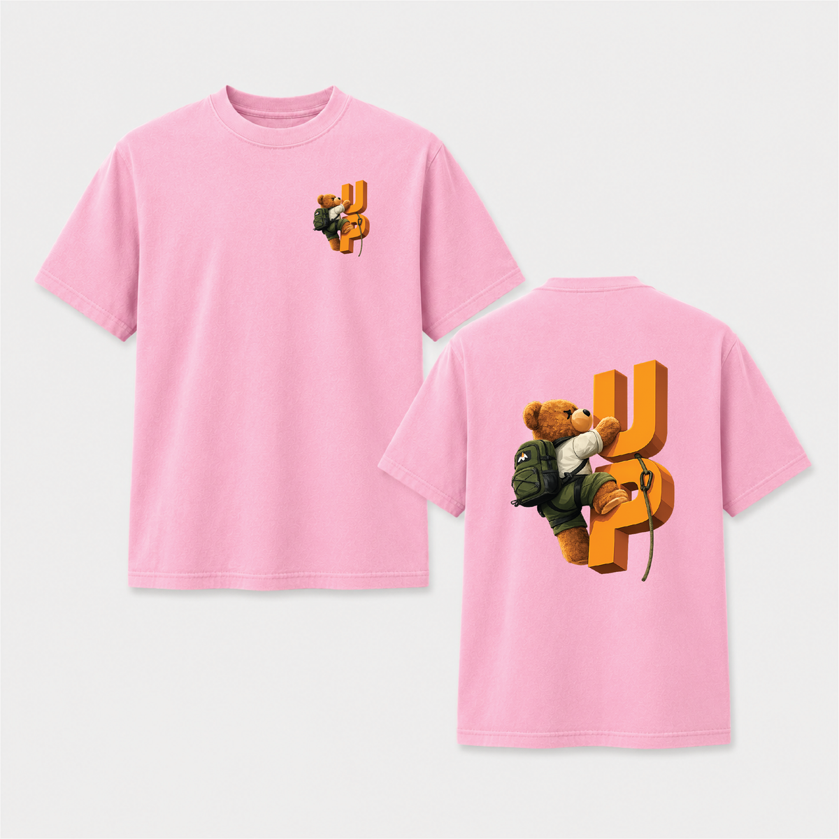 Climbing Teddy Bear “UP” Front & Back Graphic Tee