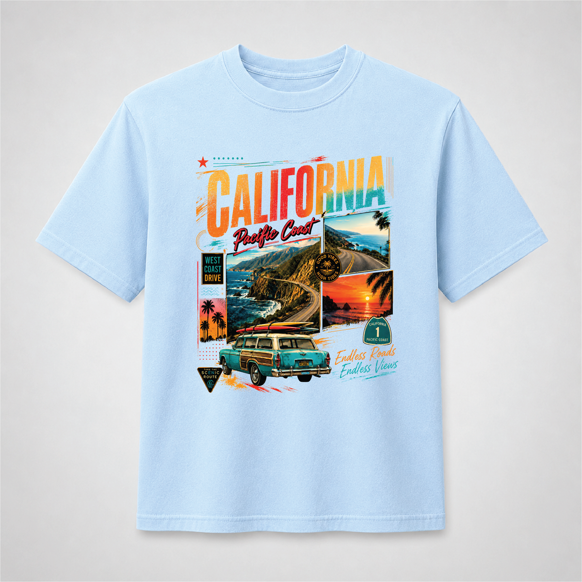 California Pacific Coast Highway Retro Travel Graphic Tee