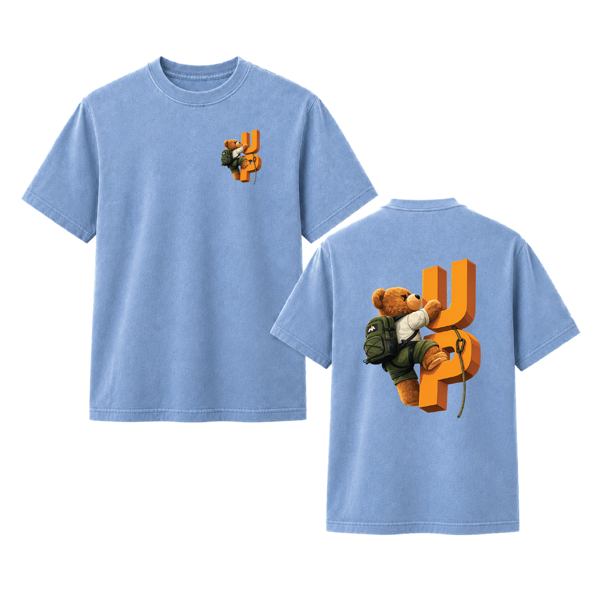 Climbing Teddy Bear “UP” Front & Back Graphic Tee