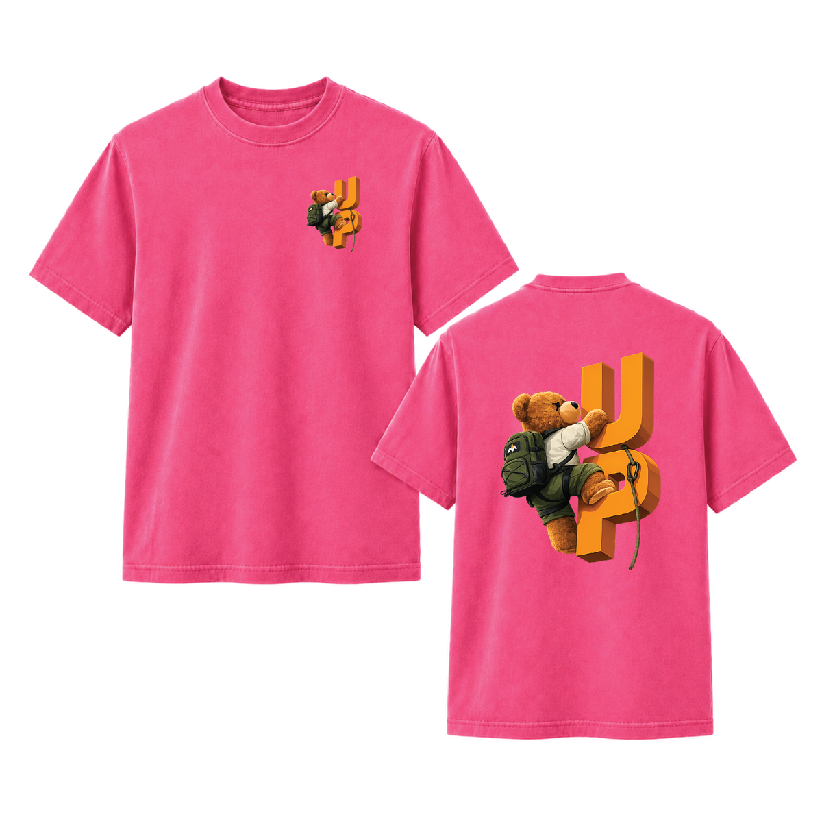 Climbing Teddy Bear “UP” Front & Back Graphic Tee