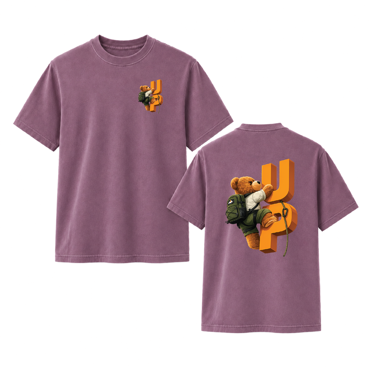 Climbing Teddy Bear “UP” Front & Back Graphic Tee