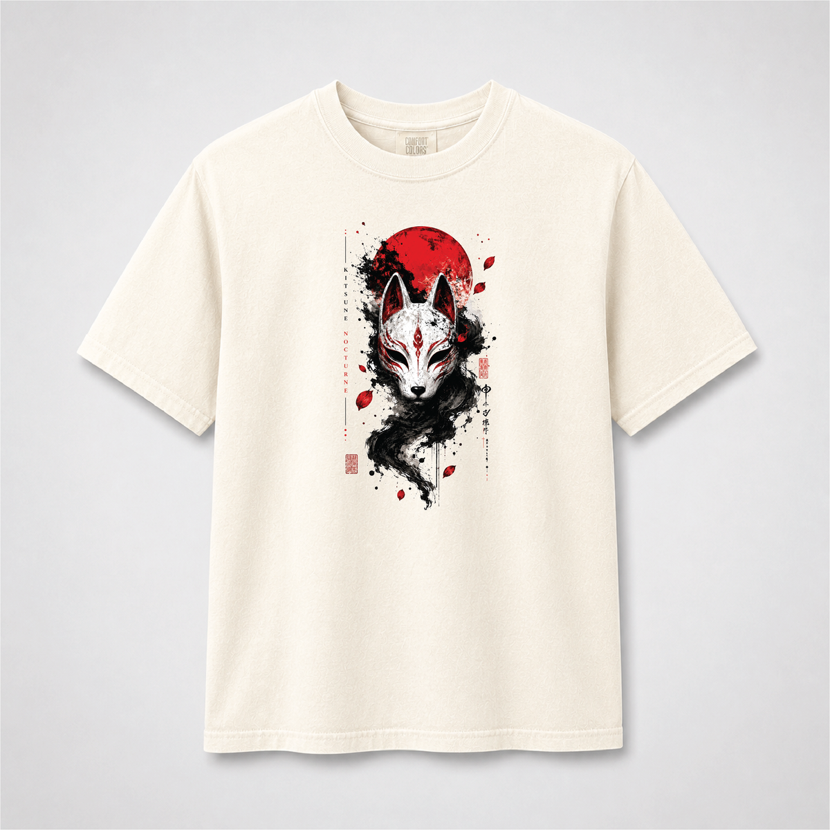 Kitsune Nocturne Red Moon Fox Mask Graphic Tee