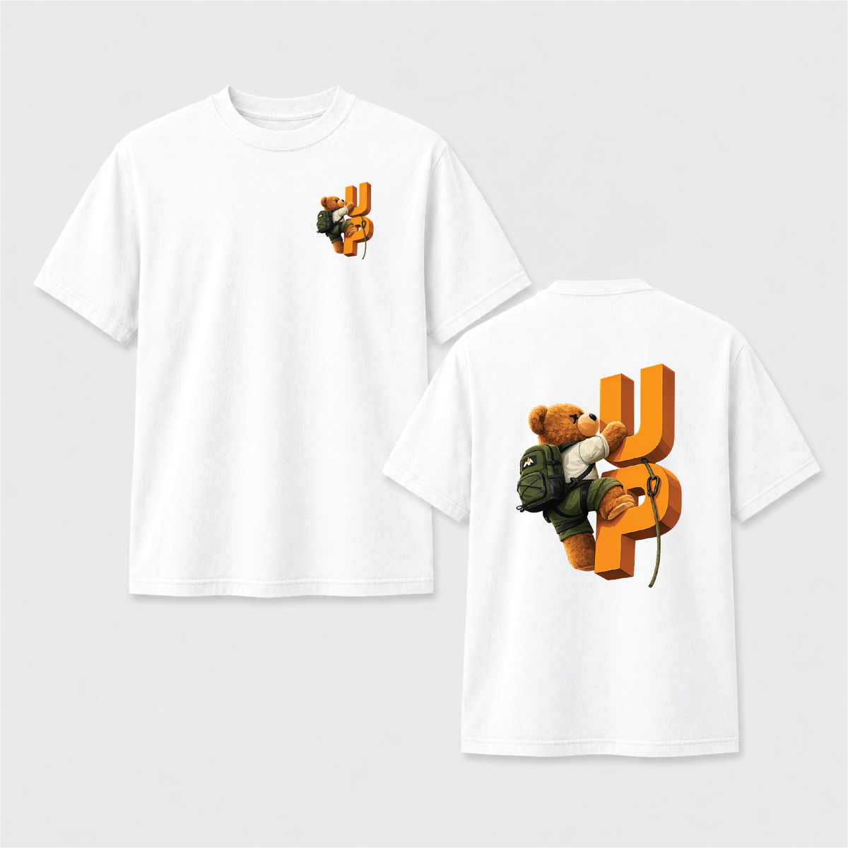 Climbing Teddy Bear “UP” Front & Back Graphic Tee