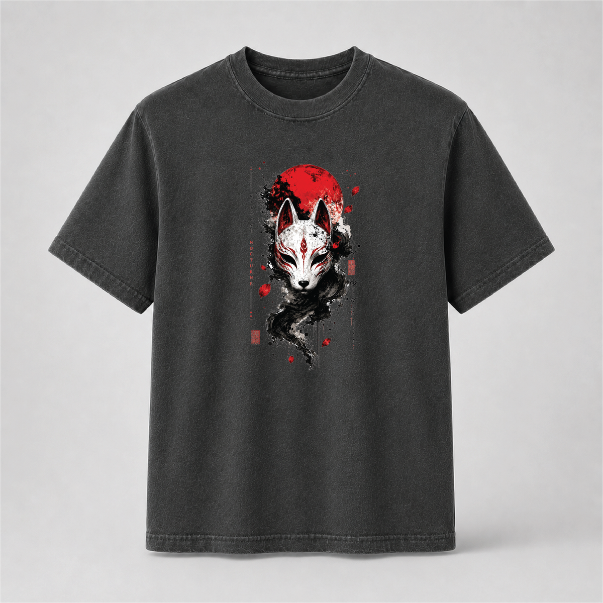 Kitsune Nocturne Red Moon Fox Mask Graphic Tee